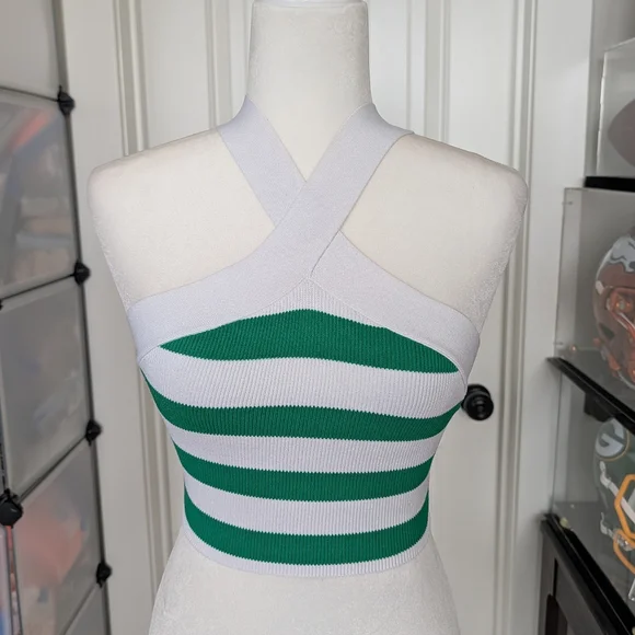 Aritzia Babaton White Gloss Green Sculpt Knit Criss Cross Cropped Tank Small - Picture 3 of 11